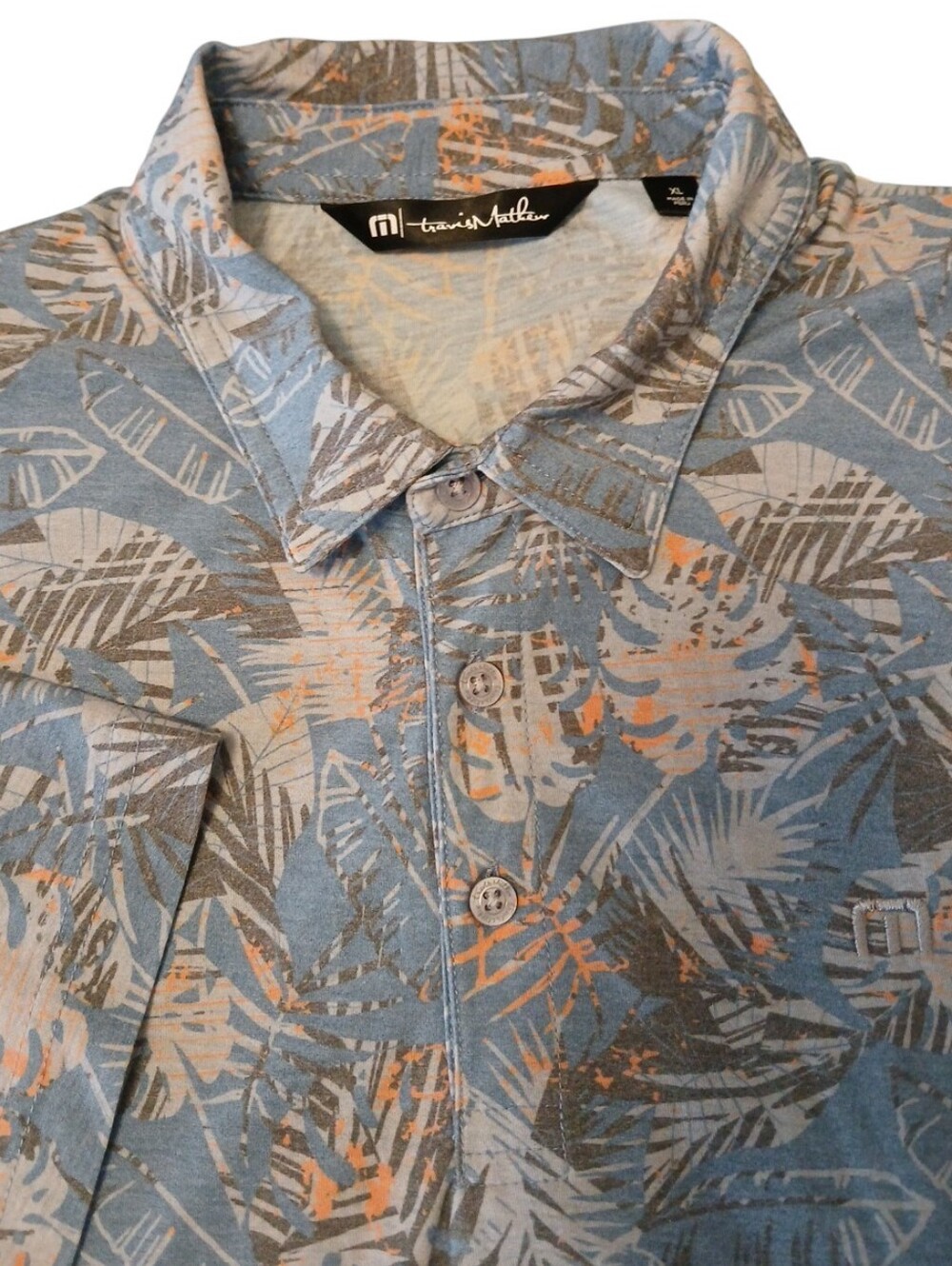 Travis Mathew Light Blue Palm-Print Performance Golf Polo Large Men